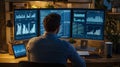 Man Working on Three Computer Monitors Displaying Data Analytics, Charts, and Code in a Dimly Lit Modern Office Royalty Free Stock Photo