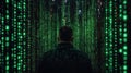 A man seen from behind, surrounded by cascading green digital code, symbolizing immersion in a virtual or cyber environment Royalty Free Stock Photo