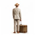 Retro Glamor: Man In Hat And Beige Suit With Suitcase