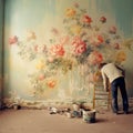 Romanticized Nostalgia: A Young Man Painting A Floral Wall Mural
