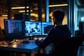 A man is seen seated at a desk, focusing on two computer monitors, Programmer working in a software developing company, AI Royalty Free Stock Photo