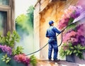 Man Spraying Flowers With Hose. Generative AI