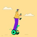 Man on a segway makes a morning exercise. Means of individual mobility. Simple vector illustration in flat cartoon style