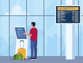 Man self check in at automatic machine in airport terminal. Buying ticket using interactive terminal. Airport interior with
