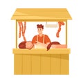 Man Seller at Farmer Market Selling Fresh Local Meat at Stall Vector Illustration