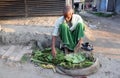 Man selling green betel leaf in Kumrokhali, India