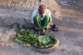 Man selling green betel leaf in Kumrokhali, India