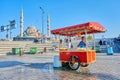 Man selling grilled corn from cart on the summer Istanbul street. Turkish street food business