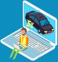 Man sells or rents automobile on website. Guy with laptop puts price for vehicle on trading platform