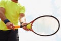 Man, serve and racket with tennis ball on court, athlete and player in professional competition. Fitness, sky or sport Royalty Free Stock Photo