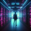 A man in a server room, a system administrator. neon light. AI generative Royalty Free Stock Photo