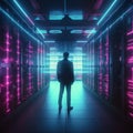 A man in a server room, a system administrator. neon light. AI generative