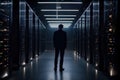 A man in a server room, a system administrator, an IT specialist. AI generative Royalty Free Stock Photo