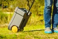 Man serving caravan, go with tank toilet cassette to dump station Royalty Free Stock Photo