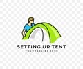 Man sets up tent, camping and camp, colored graphic design