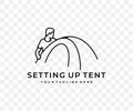 Man sets up tent, camping and camp, linear graphic design