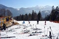 A man and several children of unrecognizable appearance are going down a ski slope on skis together. Family vacation in winter Royalty Free Stock Photo