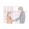 A man shakes hands with his female manager