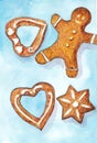 Man-shaped cookies and gingerbread watercolor illustration. Set of Christmas baking hand drawing on textured watercolor