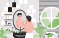 Man shaving, cleansing face in bathroom vector flat illustration. Male character using creams for face skincare.