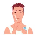 Man shaving. Male character grooming, does personal skincare routine. Cleansed and treated his face action. Flat vector