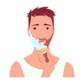 Man shaving. Male character grooming, does personal skincare routine. Cleansed and treated his face action. Flat vector