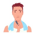Man shaving. Male character grooming, does personal skincare routine. Cleansed and treated his face action. Flat vector