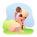 Man shearing sheep flat vector illustration