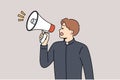 Man shepherd shouts into megaphone, announcing start religious sermon in catholic religious church Royalty Free Stock Photo