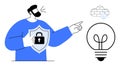 Man with Shield Emphasizing Security While Indicating Cloud and Light Bulb Royalty Free Stock Photo