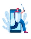 A man with a shield and a sword comes out of the smarphone.