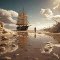 man with ship stranded on island alone, ai generative Royalty Free Stock Photo