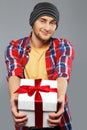 Man in shirt with gift box Royalty Free Stock Photo