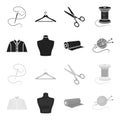 A man shirt, a mannequin, a roll of fabric, a ball of threads and knitting needles.Atelier set collection icons in black