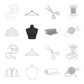 A man shirt, a mannequin, a roll of fabric, a ball of threads and knitting needles.Atelier set collection icons in Royalty Free Stock Photo