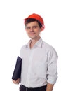 Man in shirt orange construction helmet with black Royalty Free Stock Photo