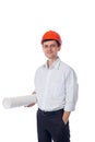 Man in shirt, orange construction helmet with a Royalty Free Stock Photo