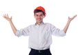 Man in a shirt orange construction helmet, throws Royalty Free Stock Photo