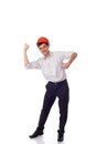 Man in a shirt orange construction helmet, thumbs Royalty Free Stock Photo