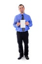 Man shirt and tie holding blank card smiling Royalty Free Stock Photo