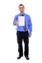 Man shirt and tie holding blank card smiling Royalty Free Stock Photo