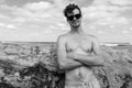 Man Shirtless Casual Beach Black White Royalty Free Stock Photo