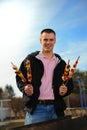 Man with a shish kebab Royalty Free Stock Photo