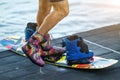 Man for shoes boards wakeboard closeup concept sports Royalty Free Stock Photo