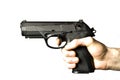 Man Shooting .45 caliber Pistol Isolated on White