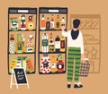 Man shopper with basket choosing product at grocery store vector flat illustration. Male enjoying shopping at