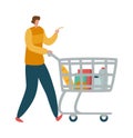 Man shopper with shopping cart. Male character with trolley full of products and grocery list in supermarket or mall