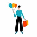 Man shopper with shopping package. Modern male character with gifts and box presents with wrapping paper and balloon in