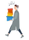 Man with shopping boxes in his hands. Young fashion shopper guy with headphones going to the store