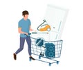 Man with shopping cart full of home appliances, vector illustration. Electronics purchase concept.